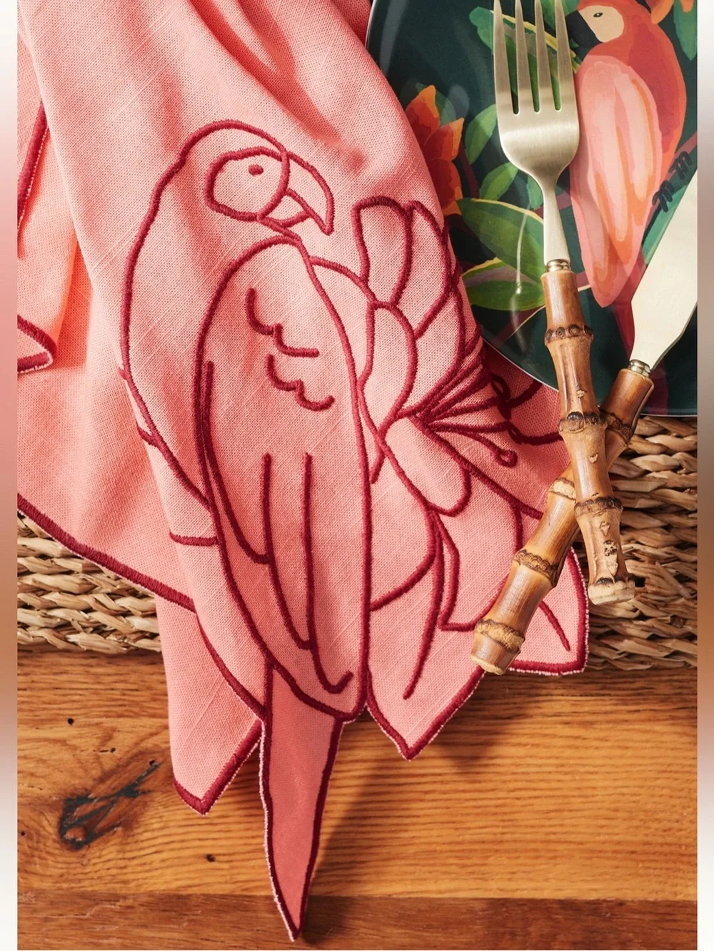 NWT Farm Rio x Anthropologie Embroidered Napkin, Set of 2 in Pink Parrot